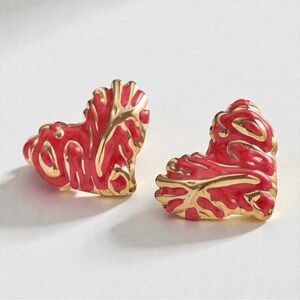 Red Heart Stud Earrings Gold Abstract Design